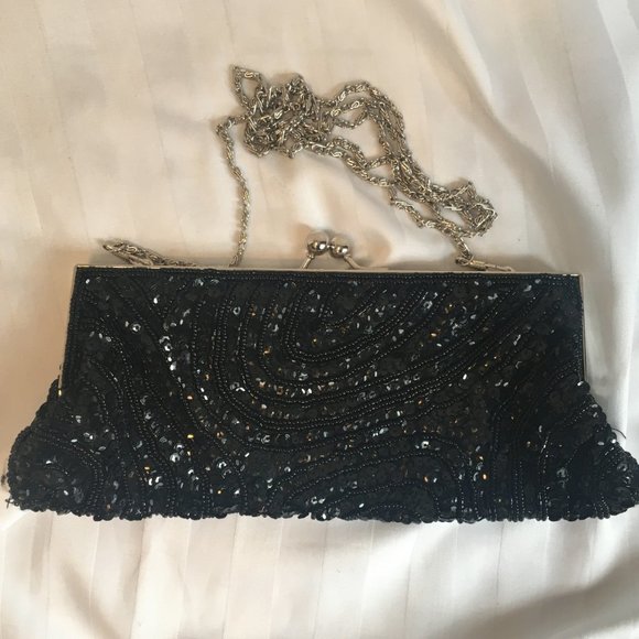 RACHEL Hand Beaded Clutch Purse Evening Bag Sequins Beads Cocktail Grad Black - Picture 6 of 11
